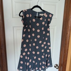 LOFT Navy Dress with Blush Pink Polka Dots
